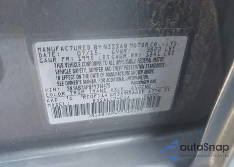 2015 Nissan Sentra S from USA, damaged, VIN 3N1AB7AP6FY314479